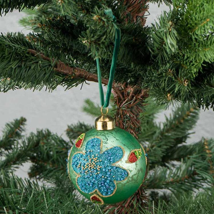 Ёлочная игрушка Зелёный Шар с цветком Ball With Flower Green 8 cm