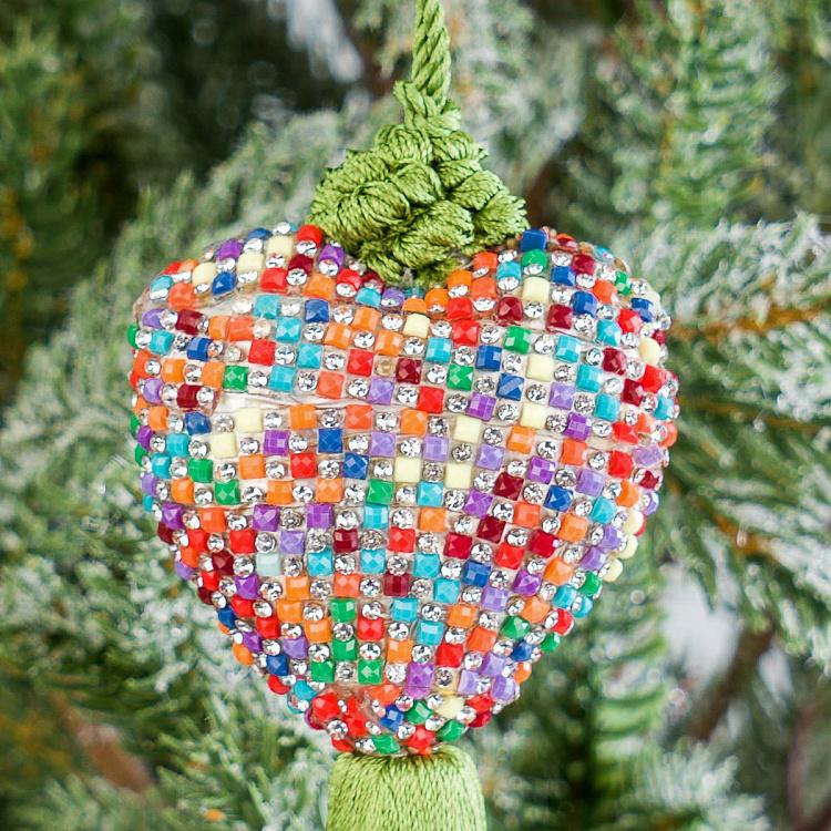 Новогодняя подвеска Разноцветное сердце с салатовой кисточкой Multicolored Heart Pendant With Green Tassel 19 cm