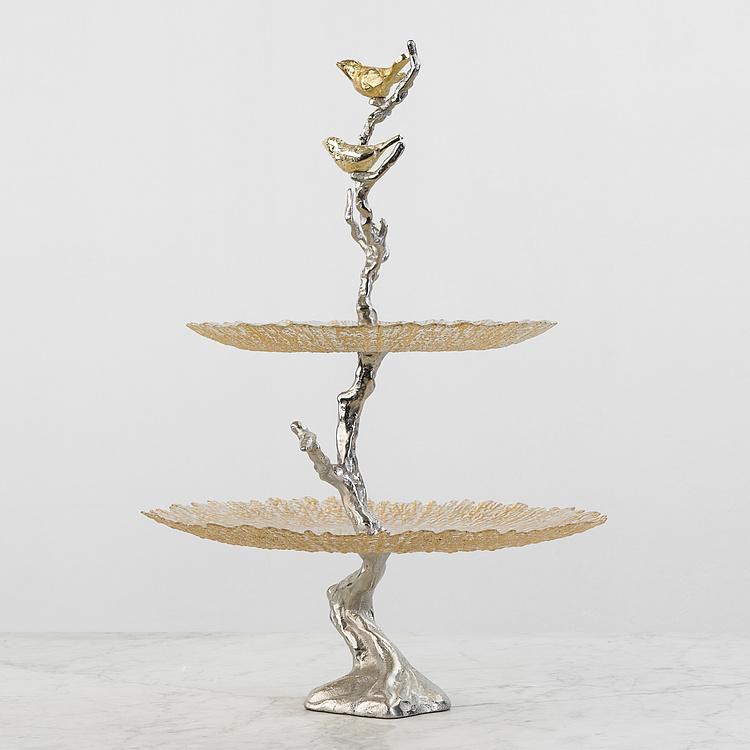 Двухуровневая сервировочная подставка с птицами и золотистым стеклом Atelier 2 Tier Plates Gold