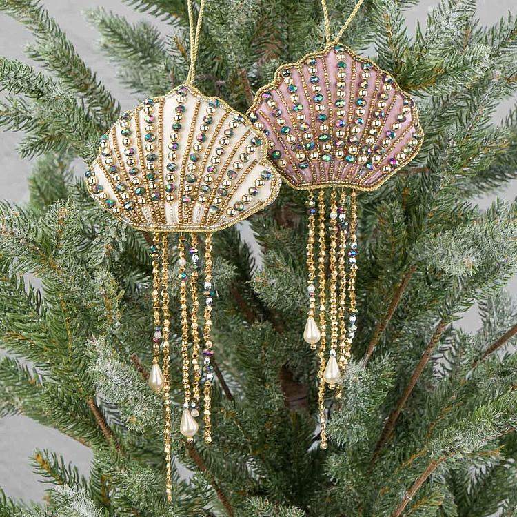 Набор из двух ёлочных игрушек Вышитые бисером медузы Set Of 2 Embroidered Beaded Jellyfish Purple Gold 20 cm