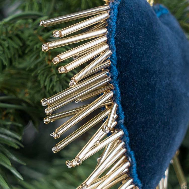 Ёлочная игрушка Синее сердце с вышивкой бисером Bead Embroidery Heart Blue 13 cm