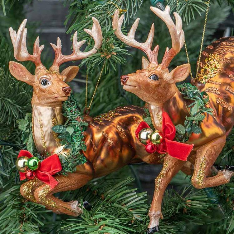 Набор из двух ёлочных игрушек Олени в прыжке Set Of 2 Glass Jumping Xmas Deers Brown 17,5 cm
