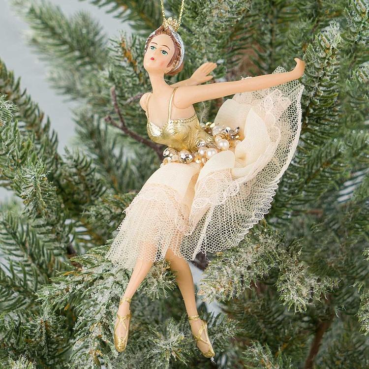 Набор из трёх ёлочных игрушек Балерины в платьях с жемчугом Set Of 3 Fabric Pearl Ballerinas White Gold 19 cm