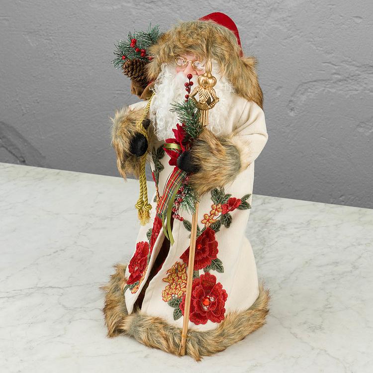 Новогодняя фигурка Санта в белой с цветочным узором шубе Santa Claus In White Fur Coat With Flowers 46 cm