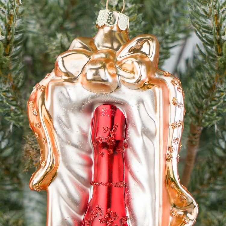 Набор из двух ёлочных игрушек Бутылки шампанского в праздничной упаковке Set Of 2 Glass Champagne Bottles Gift Box Green 16 cm