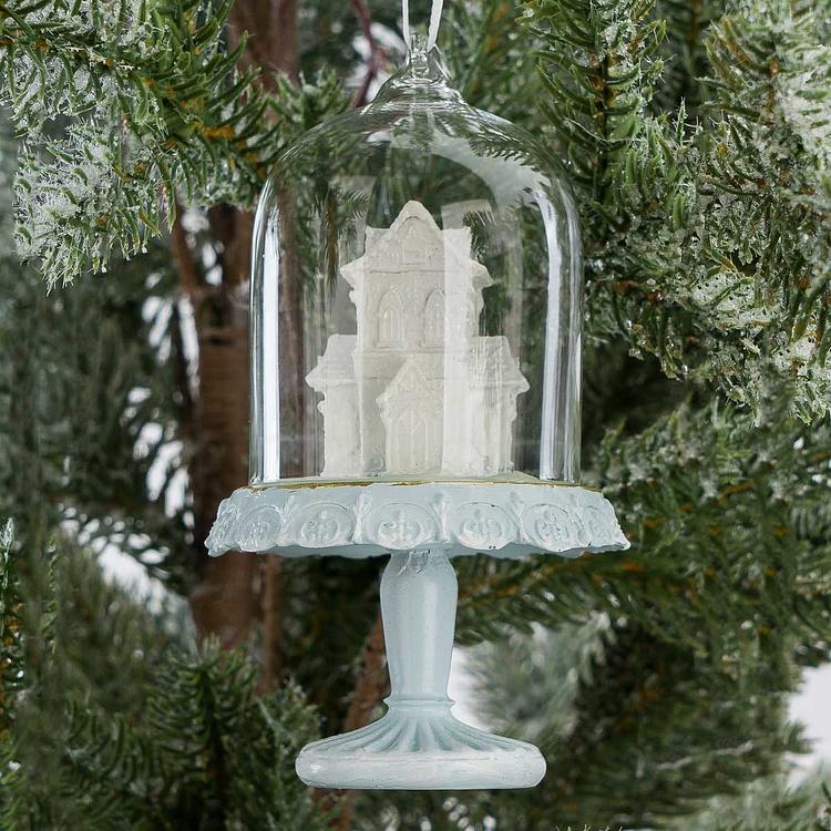 Набор из трёх ёлочных игрушек Пряничные домики под куполом Set Of 3 Gingerbread Houses In Dome Blue White 11,5 cm