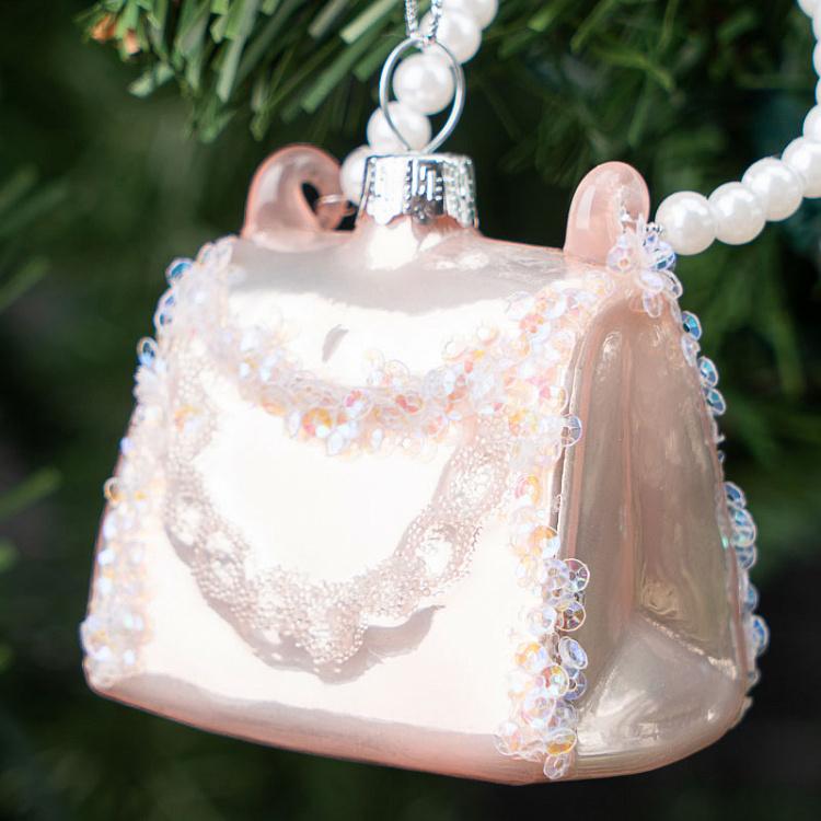 Ёлочная игрушка Сумочка с бусинами Glass Hanger Purse White With Beads 7 cm