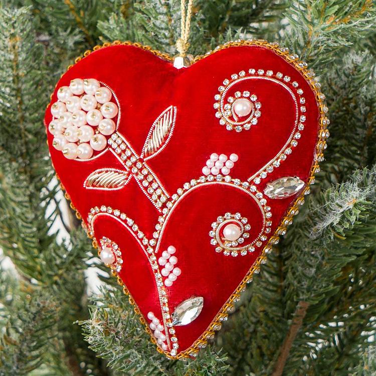 Ёлочная игрушка Бархатное красное сердце с цветочным узором Beads Pattern Velvet Heart Red 12 cm