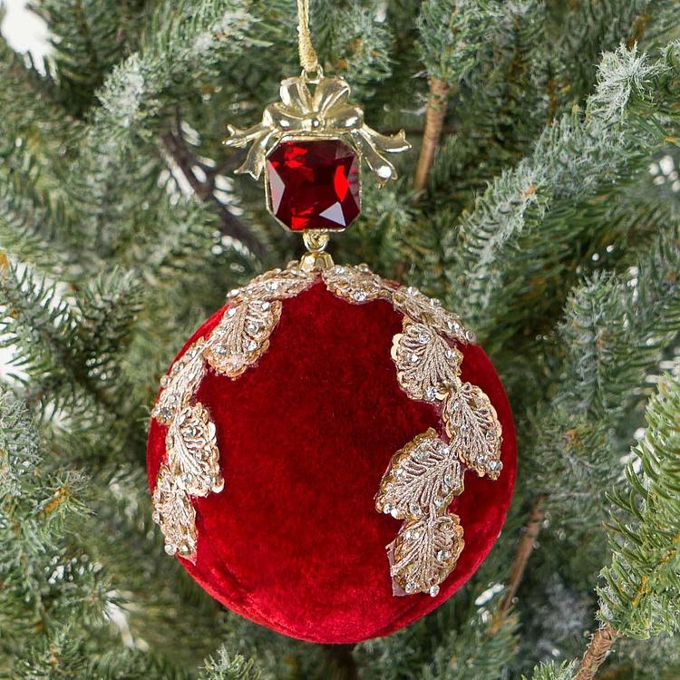 Ёлочная игрушка Красный бархатный шар с золотой аппликацией и бусиной Gold Applique And Bead Velvet Ball Red 15 cm