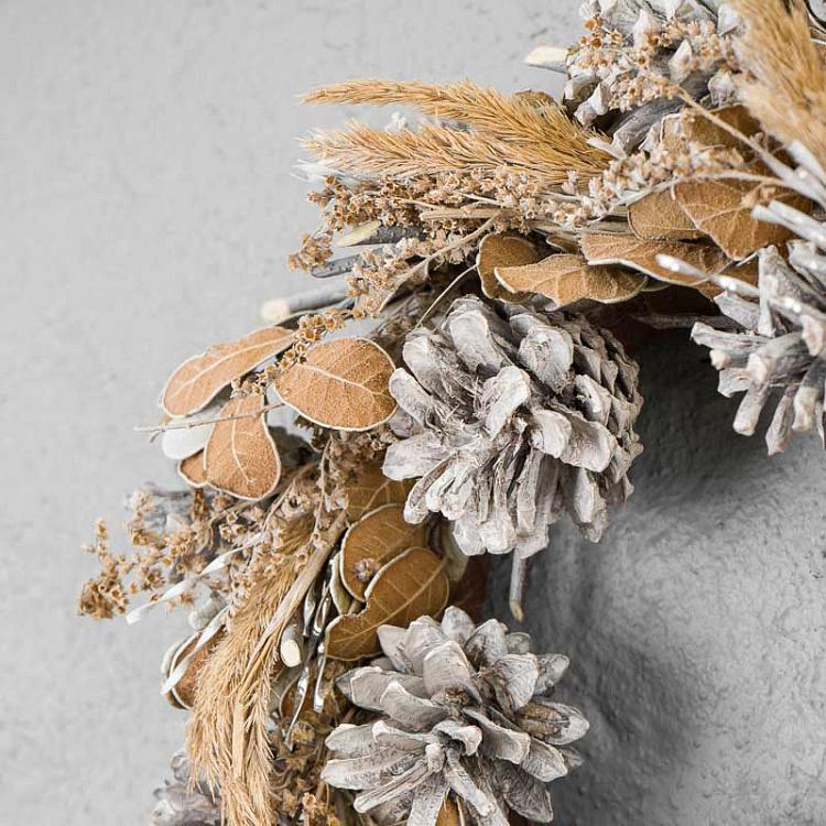 Новогодний венок из сухих листьев и трав с шишками Dried Leaves And Grasses Cone Wreath 30 cm