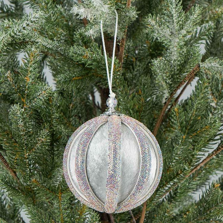 Ёлочная игрушка Серебряный шар с полосами из страз Silver Rhinestones Velvet Ball Blue 10 cm