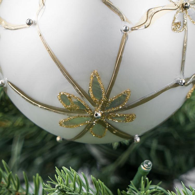 Ёлочная игрушка Белый шар с золотыми цветами Golden Flowers Ball White 10 cm
