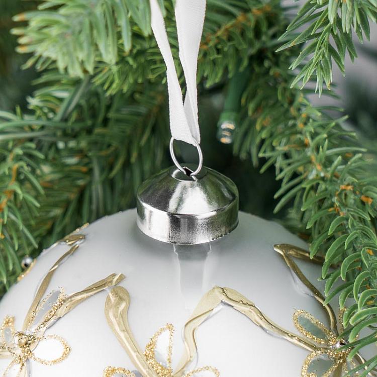 Ёлочная игрушка Белый шар с золотыми цветами Golden Flowers Ball White 10 cm