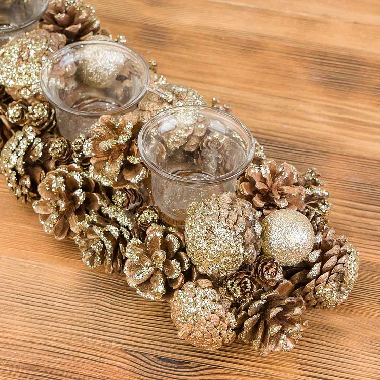 Подсвечник на три свечи с золотыми шишками 3 Votives Holder With Pinecones Gold