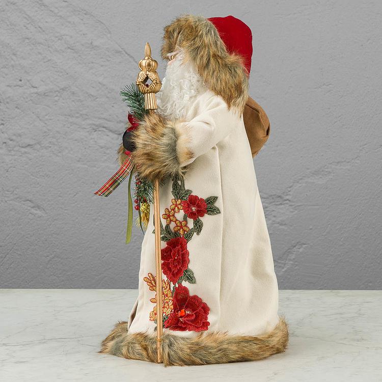Новогодняя фигурка Санта в белой с цветочным узором шубе Santa Claus In White Fur Coat With Flowers 46 cm