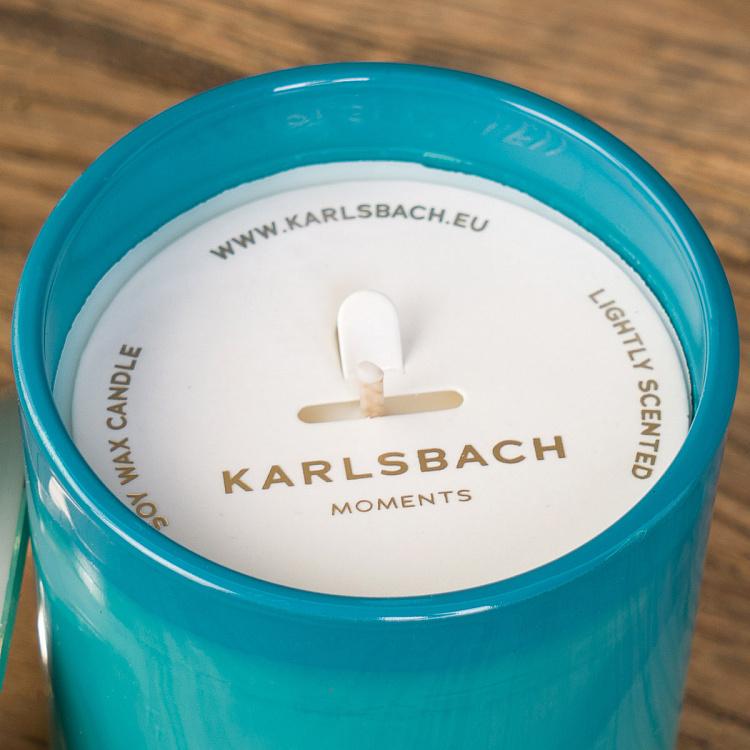 Аромасвеча в мятно-голубом стакане с золотой крышкой Шалфей и морская соль Aroma Candle In Light Blue Glass With Gold Lid Wood Sage And Sea Salt