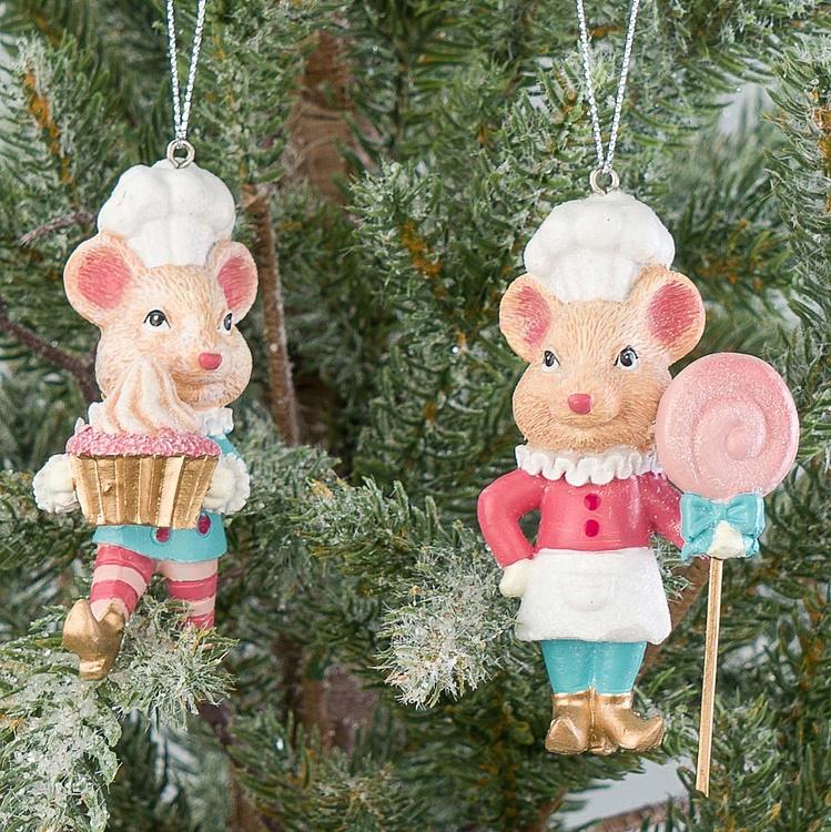 Набор из двух ёлочных игрушек Мыши-повара из Сладкого королевства Set Of 2 Candyland Chef Mice Pink Blue 9 cm