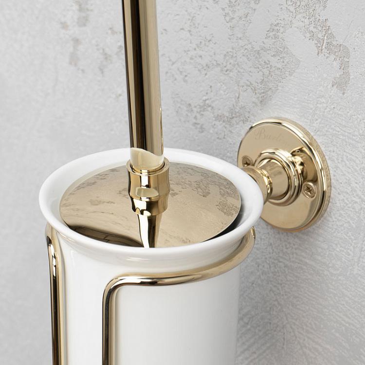 Настенный белый держатель с ёршиком в подставке золотого цвета Brush Holder Gold