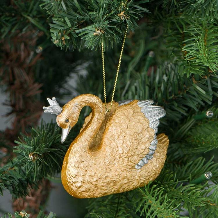 Ёлочная игрушка Лебедь с короной Metall Swan With Crown Champagne 9,5 cm