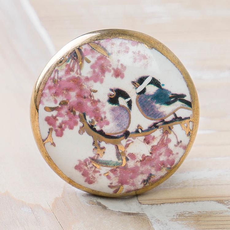 Керамическая мебельная ручка Нарядные птицы Chic Birds Gold Ceramic Knob