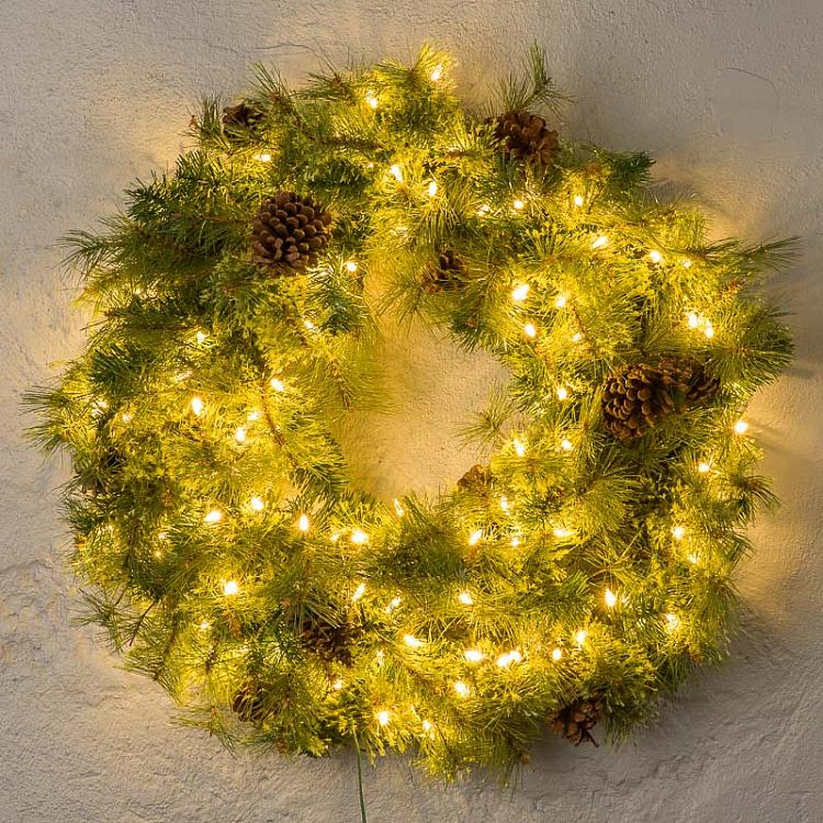 Новогодний венок с шишками и гирляндой 100 Led Pinecone Wreath Green 76 cm