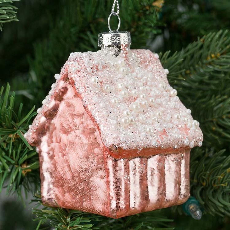 Ёлочная игрушка Розовый домик с бисером Glass Hanger House Pink With Beads 10 cm