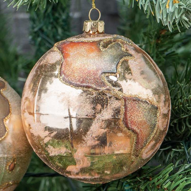 Набор из двух ёлочных игрушек Земной шар Set Of 2 Glass World Globe Ball Gold/Cream 10 cm