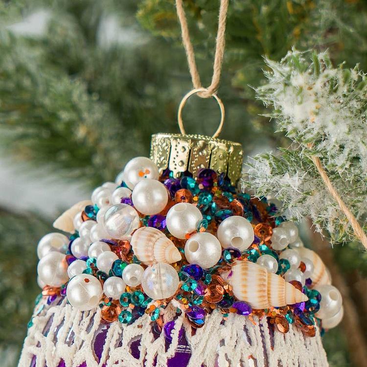 Набор из двух стеклянных ёлочных игрушек с ракушками Set Of 2 Glass Shell Net Ball Blue Purple 12 cm