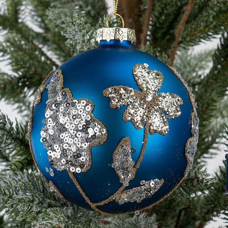Набор из двух синих ёлочных шаров с серебряными цветами Set Of 2 Glass Sequence Flower Ball Blue Silver 10 cm