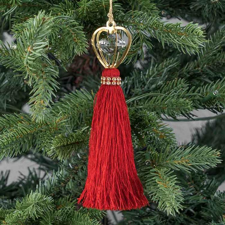 Новогодняя подвеска Хрустальный кулон в форме сердца с красной кисточкой Crystal Heart-Shaped Pendant With Tassel Red 16 cm