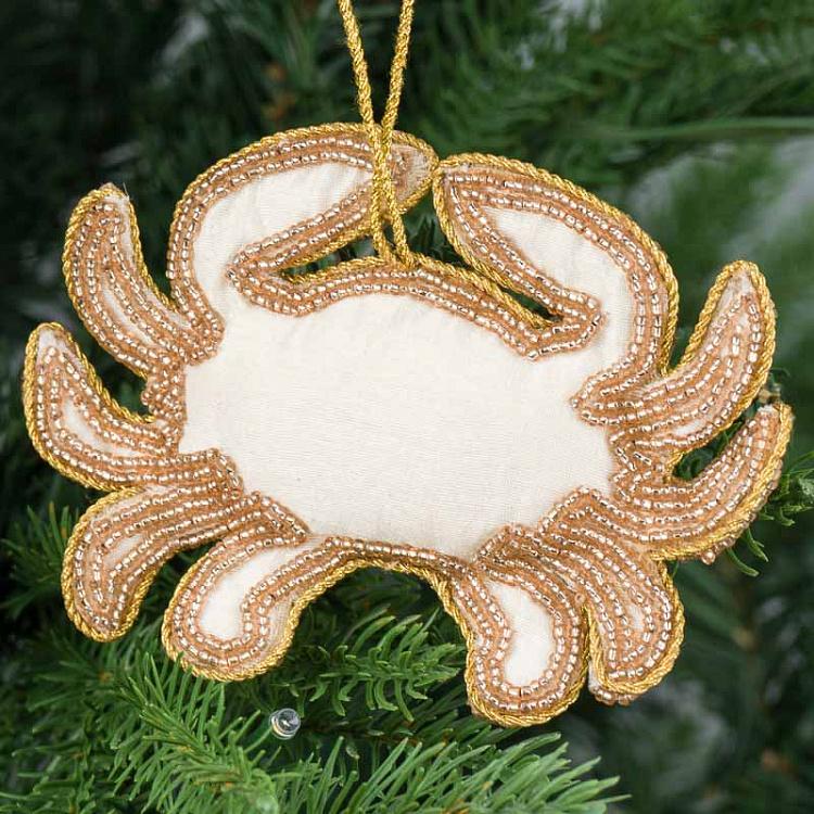 Ёлочная игрушка с бисерной вышивкой Золотой краб Embroidery Beaded Crab Gold Cream 13,5 cm