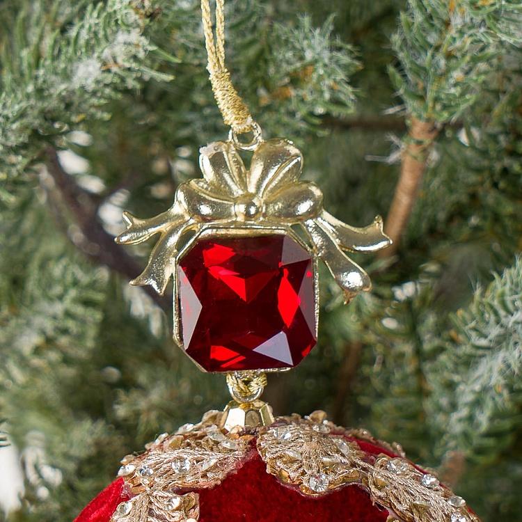 Ёлочная игрушка Красный бархатный шар с золотой аппликацией и бусиной Gold Applique And Bead Velvet Ball Red 15 cm