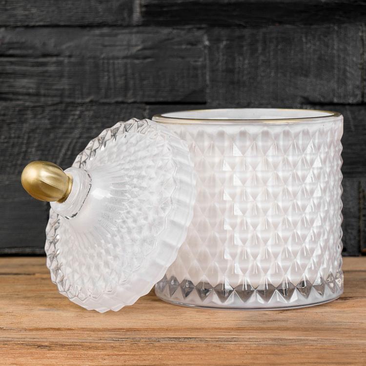 Аромасвеча в белом фасетном стакане Шёлковый цветок, L Aroma Candle In White Faceted Glass Silk Flower Large