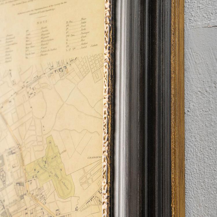 Винтажная картина-принт в чёрной с золотом раме Старинные карты Париж, Франция, 1834 Vintage Maps Paris, France, 1834, MP1 Frame