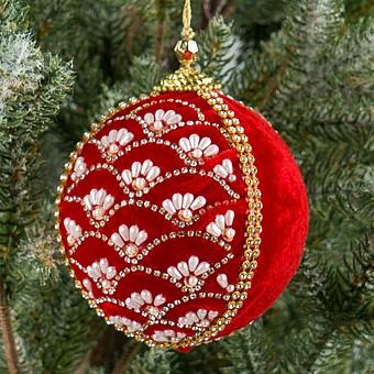 Pearl Ornament Velvet Ball Red 10 cm