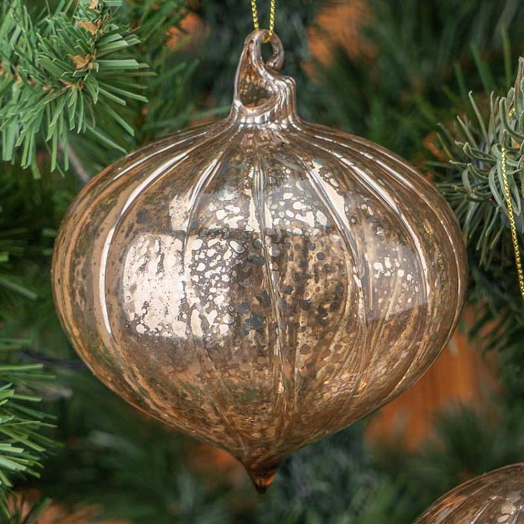 Набор из трёх ёлочных шаров цвета винтажный шампань с вертикальными полосками Set Of 3 Glass Antique Vertical Striped Balls Champagne 10 cm