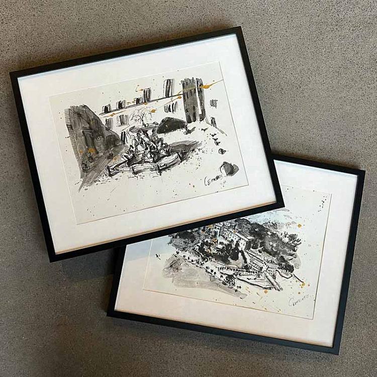 Рисунок тушью с золотом Фонтан Черепах Fontana Delle Tartarughe Drawing With Gold