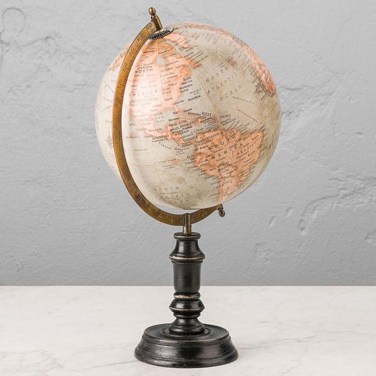 Винтажный голубой глобус на чёрном деревянном основании Vintage Globe Blue On Black Base Mango Wood