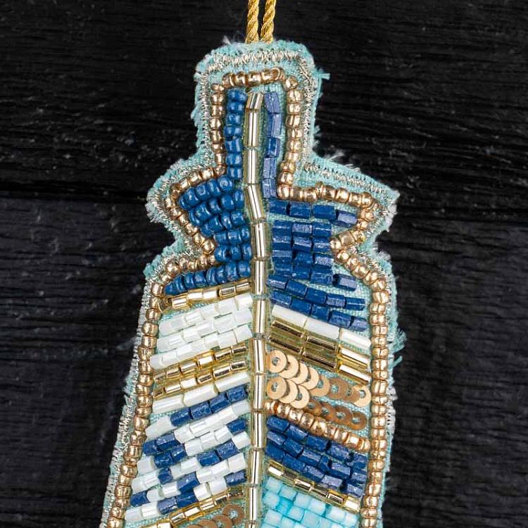 Ёлочная игрушка из бисера Голубое перо Feather Beads Blue 15 cm
