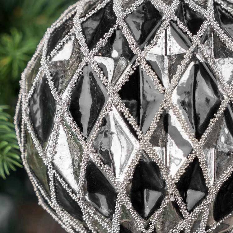 Ёлочная игрушка Многогранный чёрно-серебристый шар, S Multifaceted Ball Black With Silver 8 cm