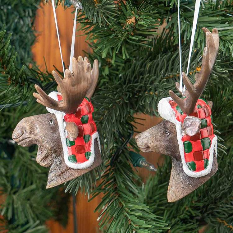 Набор из двух ёлочных игрушек Головы оленя и лося в шапках Set Of 2 Deer And Moose Heads With Hat Brown 13,5 cm