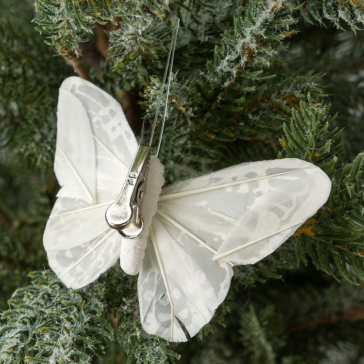 Набор из трёх ёлочных игрушек на клипсе Белые бабочки Set Of 3 Plume Butterflies On Clip White 11 cm