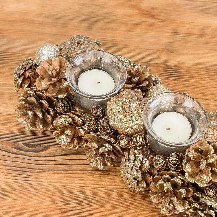 Подсвечник на три свечи с золотыми шишками 3 Votives Holder With Pinecones Gold