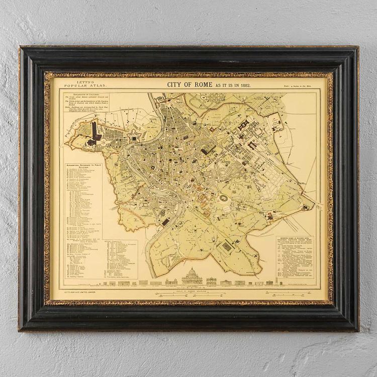 Винтажная картина-принт в чёрной с золотом раме Старинные карты Рим, Италия, 1883  Vintage Maps Rome, Italy, 1883, MP1 Frame