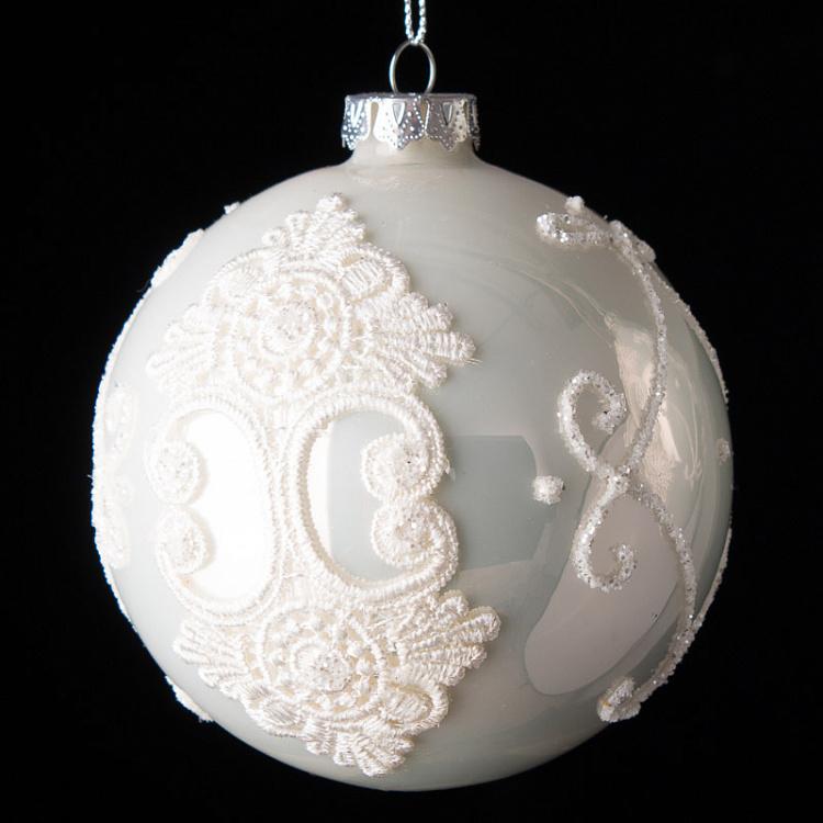 Набор из трёх ёлочных игрушек Белые шары с кружевом Set Of 3 Glass Lace And Pearl Crest Ball White 10 cm