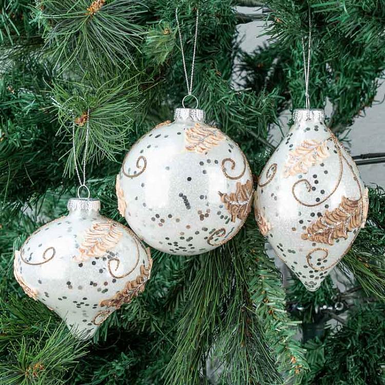 Набор из трёх ёлочных игрушек с листочками Set Of 3 Glass Leaf Balls White 14,5 cm