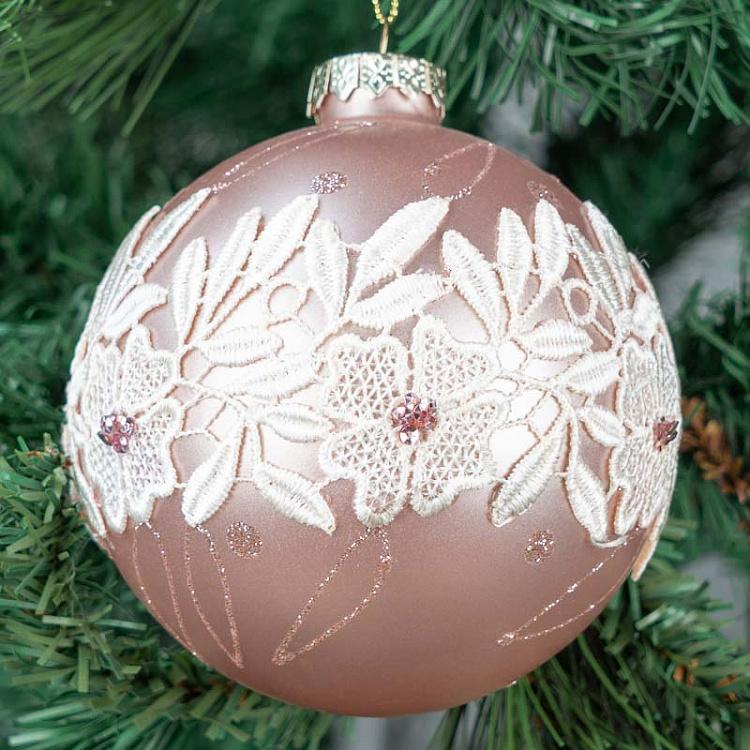 Оранжевый ёлочный шар с кружевом, L Glass Lace Flower Ball Orange 12 cm