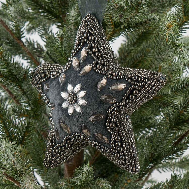 Ёлочная игрушка Серая бархатная звезда со стразами Beaded Hanger Star Grey Silver 20 cm