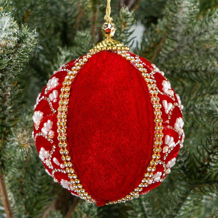 Ёлочная игрушка Красный шар с жемчугом и бисером Pearl Ornament Velvet Ball Red 10 cm
