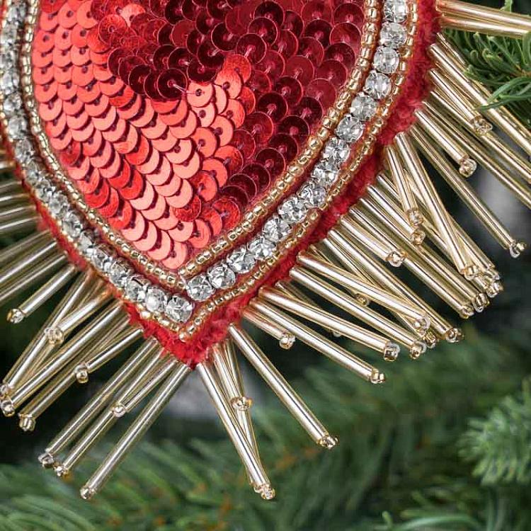 Ёлочная игрушка Красное сердце с блёстками Heart With Sequins Red 13 cm